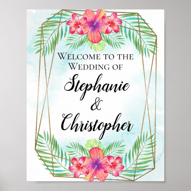 Tropical Hibiscus Watercolor Beach Wedding Welcome Poster (Front)