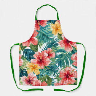 Tropical Hibiscus Watercolor Bright Floral Pattern Apron