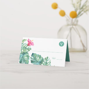 Tropical Hibiscus & Watercolor Greenery Wedding Place Card