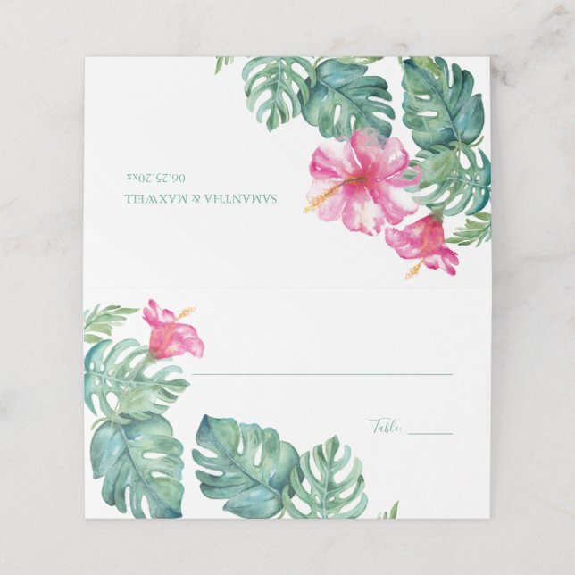 Tropical Hibiscus & Watercolor Greenery Wedding Place Card (Outside Unfolded)