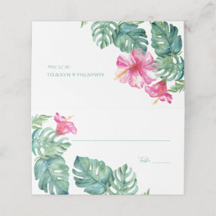 Tropical Hibiscus & Watercolor Greenery Wedding Place Card