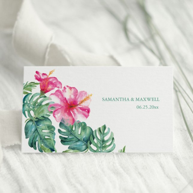 Tropical Hibiscus & Watercolor Greenery Wedding Place Card (Destination wedding pink hibiscus flowers and monstera palm leaves art by Victoria Grigaliunas)