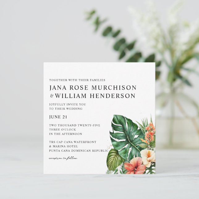 Tropical Hibiscus Watercolor Wedding Invitation (Standing Front)
