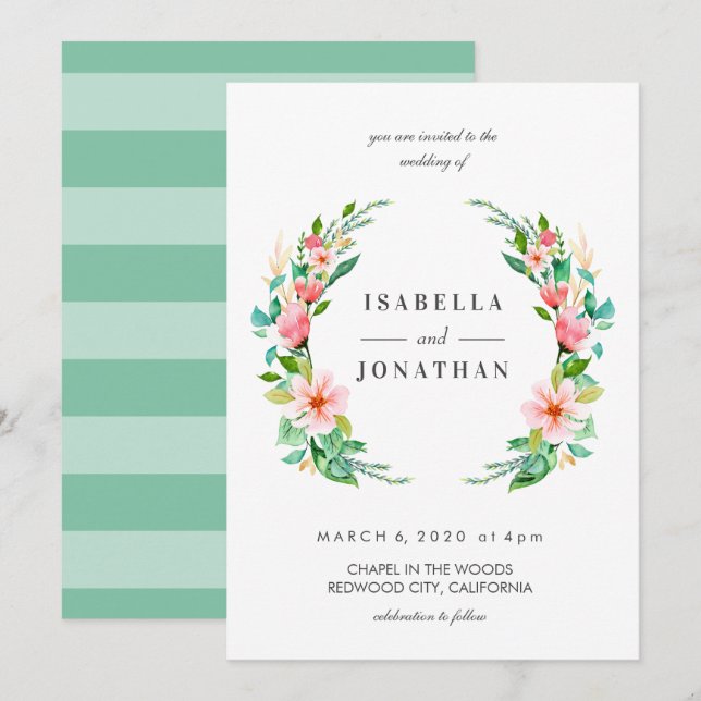 Tropical Hibiscus | Watercolor Wreath wedding Invitation (Front/Back)