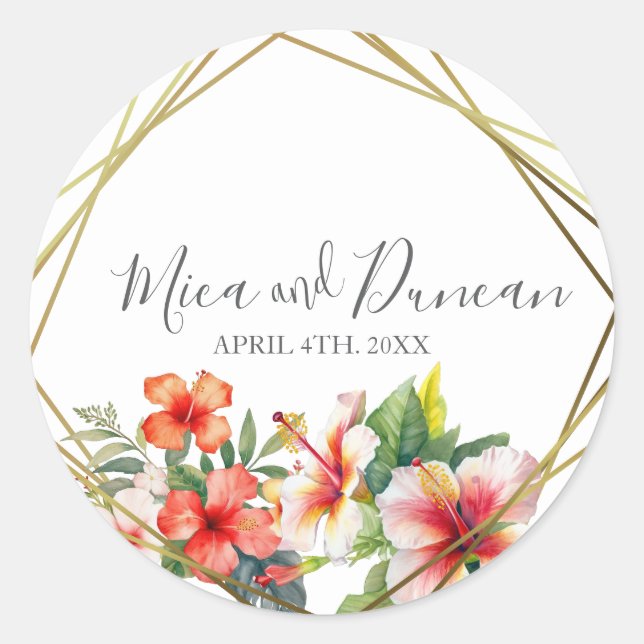 Tropical Hibiscus Wedding  Classic Round Sticker (Front)