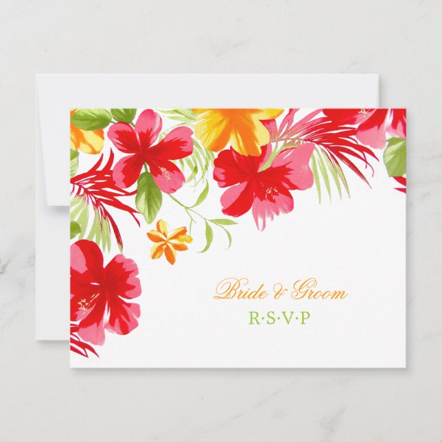 Tropical Hibiscus Wedding RSVP card (Front)