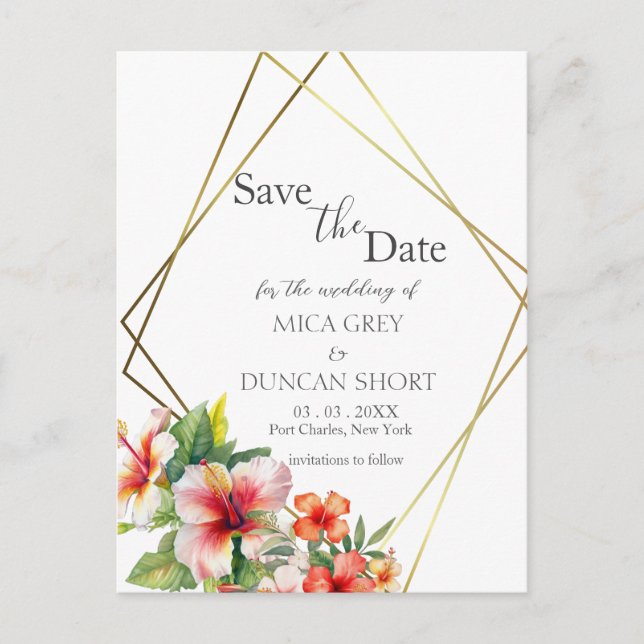 Tropical Hibiscus Wedding Save the Date Postcard (Front)