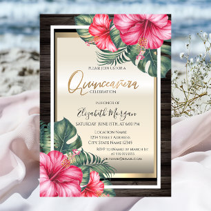 Tropical Hibiscus Wood Quinceanera Invitation