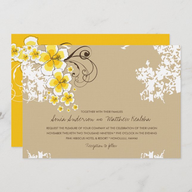 Tropical Hibiscus Yellow Luau Beach Wedding Invite (Front/Back)