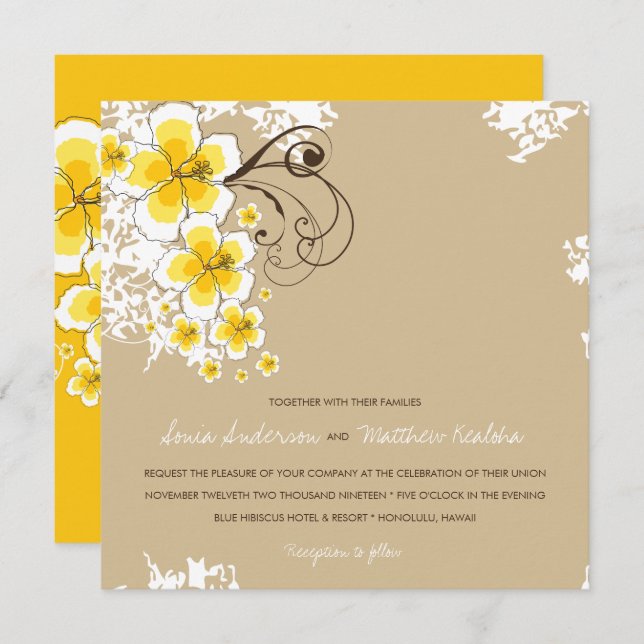Tropical Hibiscus Yellow Luau Beach Wedding Invite (Front/Back)