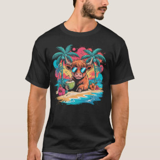 Tropical Highland Cow Summer Vibes Funny T-Shirt