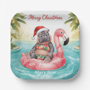 Tropical Hippo Christmas Pool Party Paper Plate