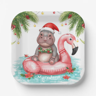 Tropical Hippo Christmas Pool Party   Paper Plate