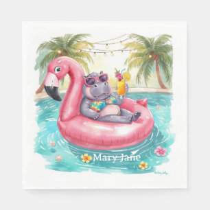 Tropical Hippo Pool Party Cute Watercolor Napkin
