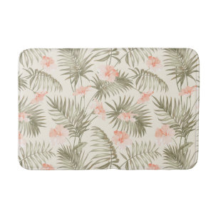 Tropical Hisbiscus Palm Tree Pattern Bath Mat