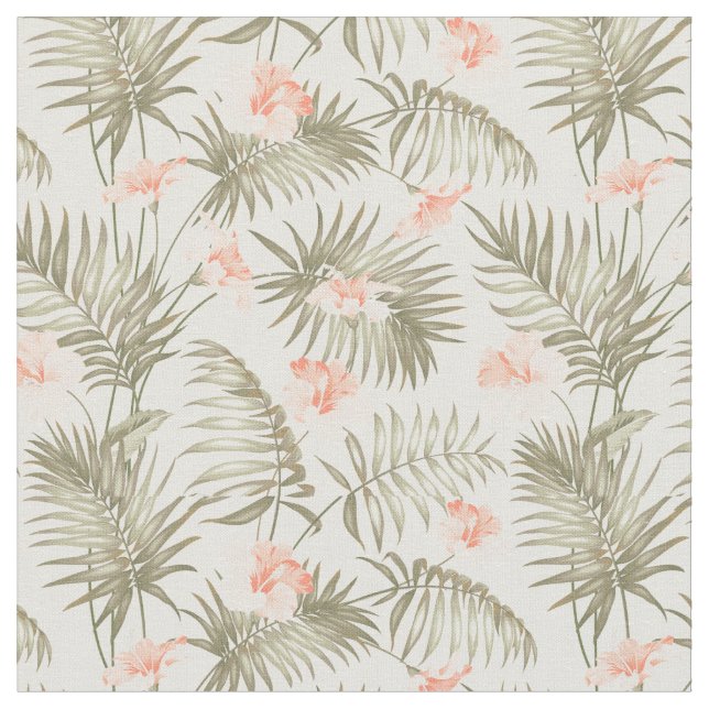Tropical Hisbiscus Palm Tree Pattern Fabric (Close Up)