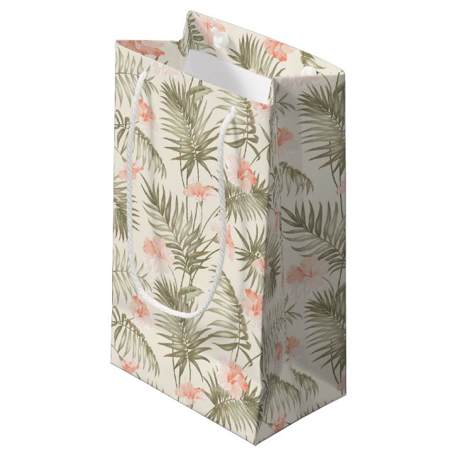 Tropical Hisbiscus Palm Tree Pattern Small Gift Bag (Front Angled)