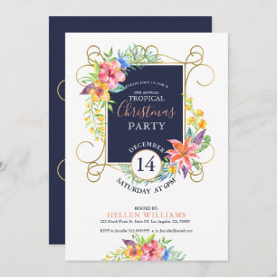 Tropical Holiday Cheers Flowers & Gold Frame Invitation