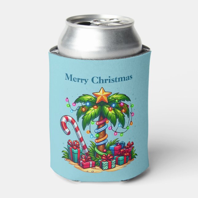 Tropical Holiday Palm Tree Merry Christmas Can Cooler (Can Front)