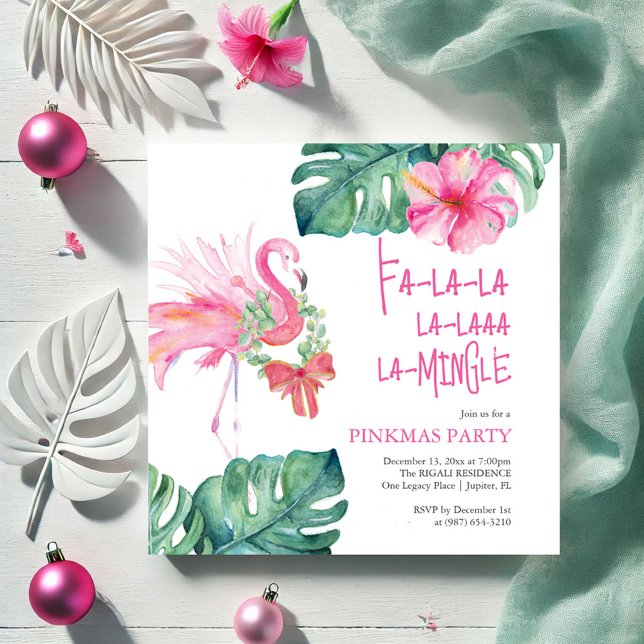 Tropical Holiday Party Watercolor Flamingo Invitation (Tropical pink flamingo Christmas invitation watercolor art by Victoria Grigaliunas Do Tell A Belle)