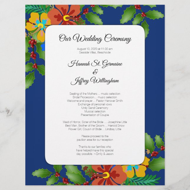 Tropical Holiday Themed Beach Wedding Program (Front)