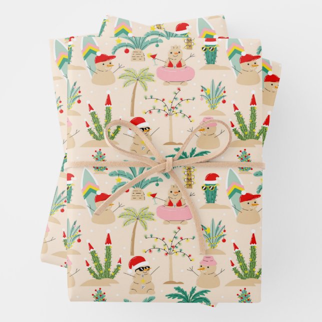 Tropical Holiday Vibes Christmas Pattern Wrapping Paper Sheet (In situ)