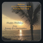Tropical Holidays and Sunsets Return Address Square Sticker<br><div class="desc">This tropical palm tree sunset sticker makes a great envelope seal as well as a return address label.The sun sets behind a palm tree along the shoreline. You can make your own holiday greeting by personalising the text template. If you need any assistance, feel free to contact me through my...</div>