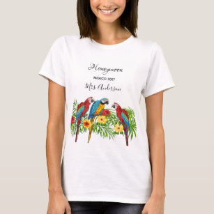 Tropical honeymoon parrots birds palm tree leaves T-Shirt