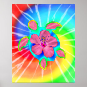 Tropical Honu Turtle and Hibiscus Poster
