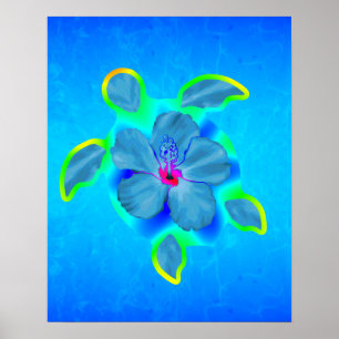 Tropical Honu Turtle and Hibiscus Poster