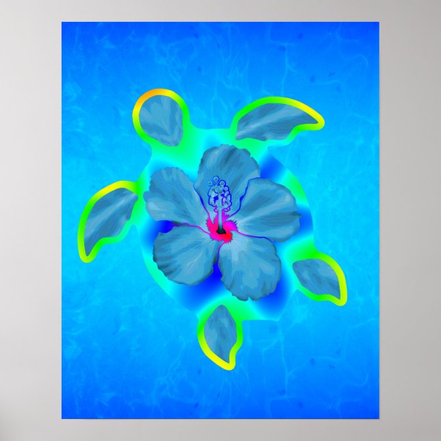 Tropical Honu Turtle and Hibiscus Poster (Front)