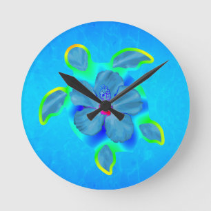 Tropical Honu Turtle and Hibiscus Round Clock