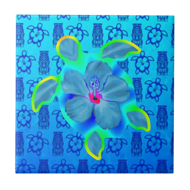 Tropical Honu Turtle and Hibiscus Tile (Front)