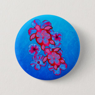 Tropical Honu Turtles And Hibiscus Flowers 6 Cm Round Badge