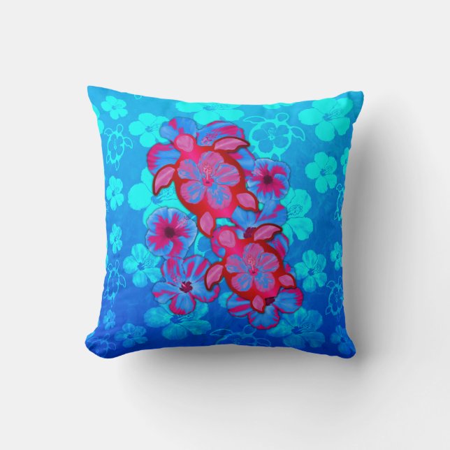 Tropical Honu Turtles And Hibiscus Flowers Cushion (Front)