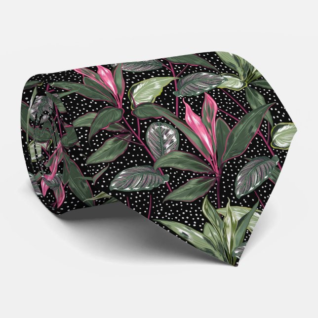 Tropical Hot Pink Flowers and Leaves Dots on Black Tie (Rolled)