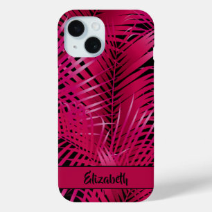 Tropical Hot Pink Palm Fronds Personalised Name iPhone 15 Case