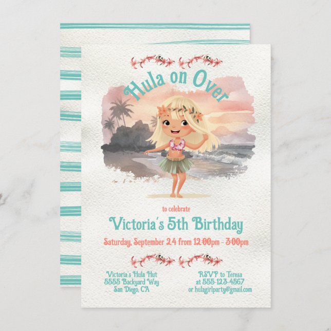 Tropical Hula Blonde Girl Birthday Party Invitation (Front/Back)