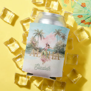 Tropical Hula Girl Aloha Hawaii Custom Can Cooler