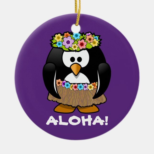Tropical Hula Hawaiian Penguin Ceramic Tree Decoration (Front)