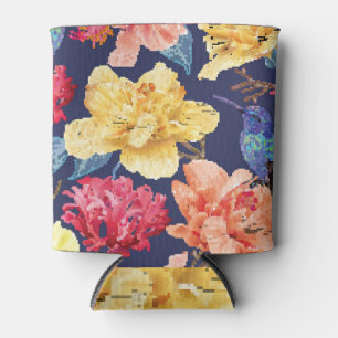 Tropical Hummingbird, Bright Floral Vintage. Can Cooler