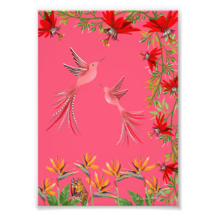 Tropical hummingbirds flowers plant wall poster