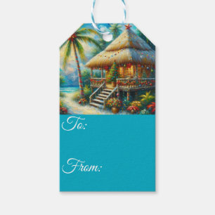 Tropical Hut Christmas Palm Tree Beach Coastal Gift Tags