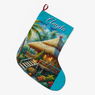 Tropical Hut Christmas Palm Tree Beach Coastal Large Christmas Stocking
