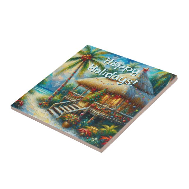Tropical Hut Christmas Palm Tree Beach Lights  Ceramic Tile (Side)