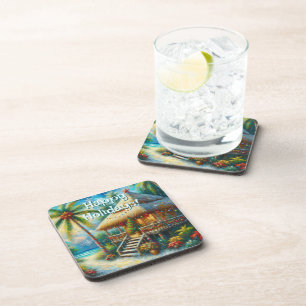 Tropical Hut Christmas Palm Tree Beach Lights Coaster
