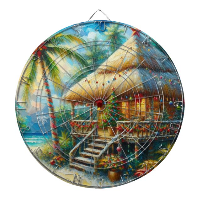 Tropical Hut Christmas Palm Tree Beach Lights  Dartboard (Front)
