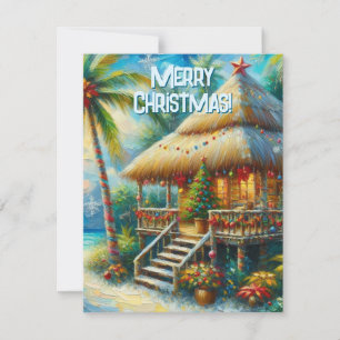 Tropical Hut Christmas Palm Tree Beach Lights Holiday Card