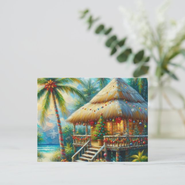 Tropical Hut Christmas Palm Tree Beach Lights  Holiday Postcard (Standing Front)