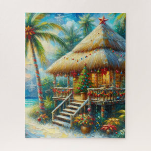 Tropical Hut Christmas Palm Tree Beach Lights  Jigsaw Puzzle